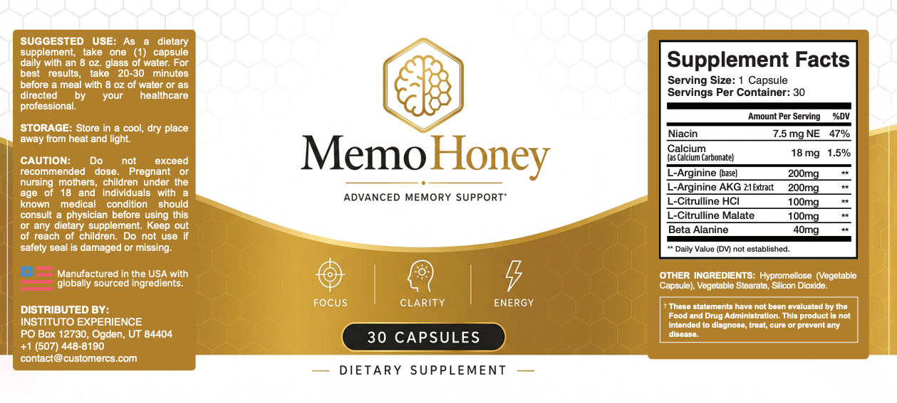 MemoHoney bottle label with Supplement Facts